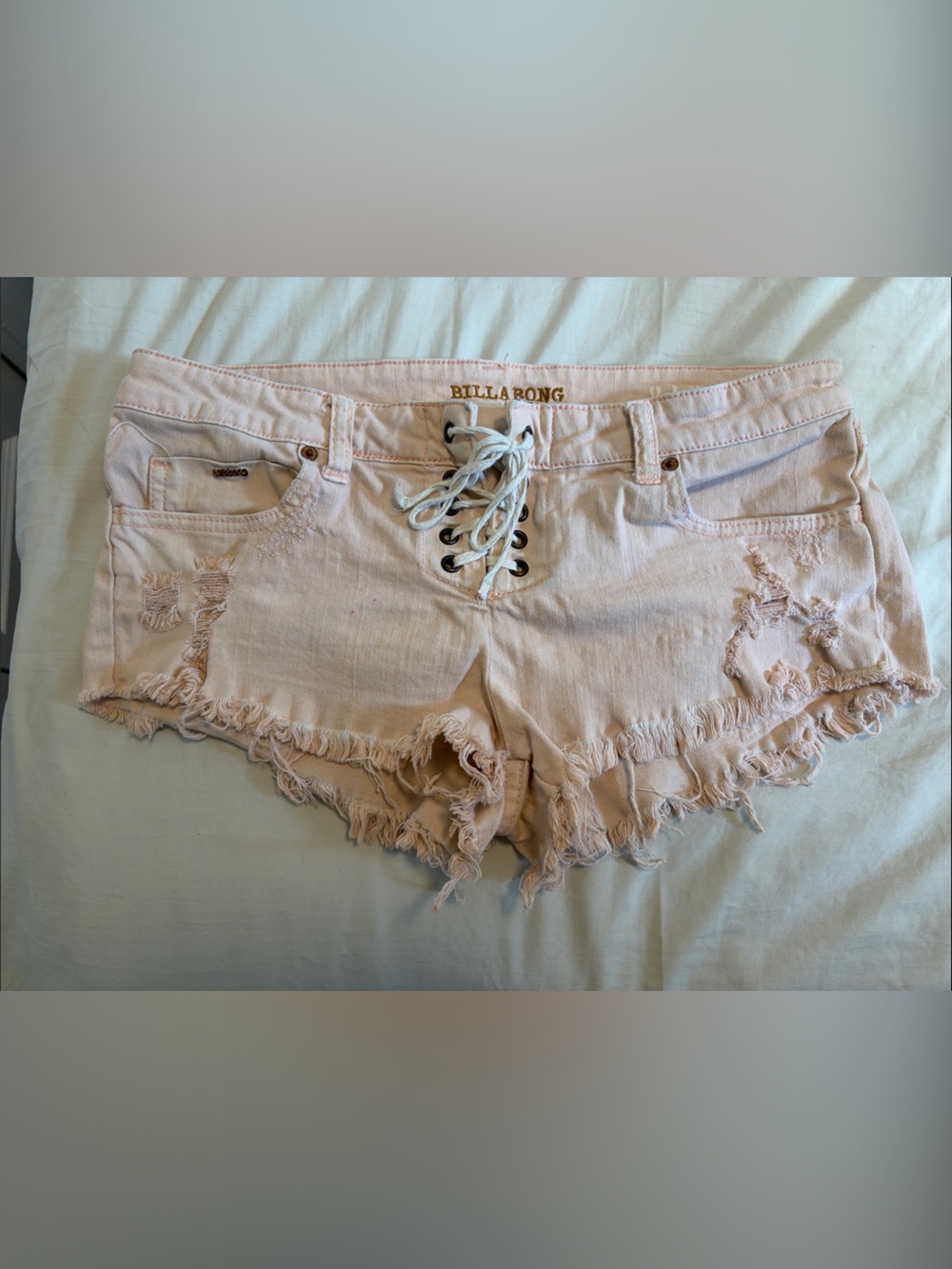 2 for $30 - Billabong - Lace-Up Frayed Hem Pink Denim Shorts
